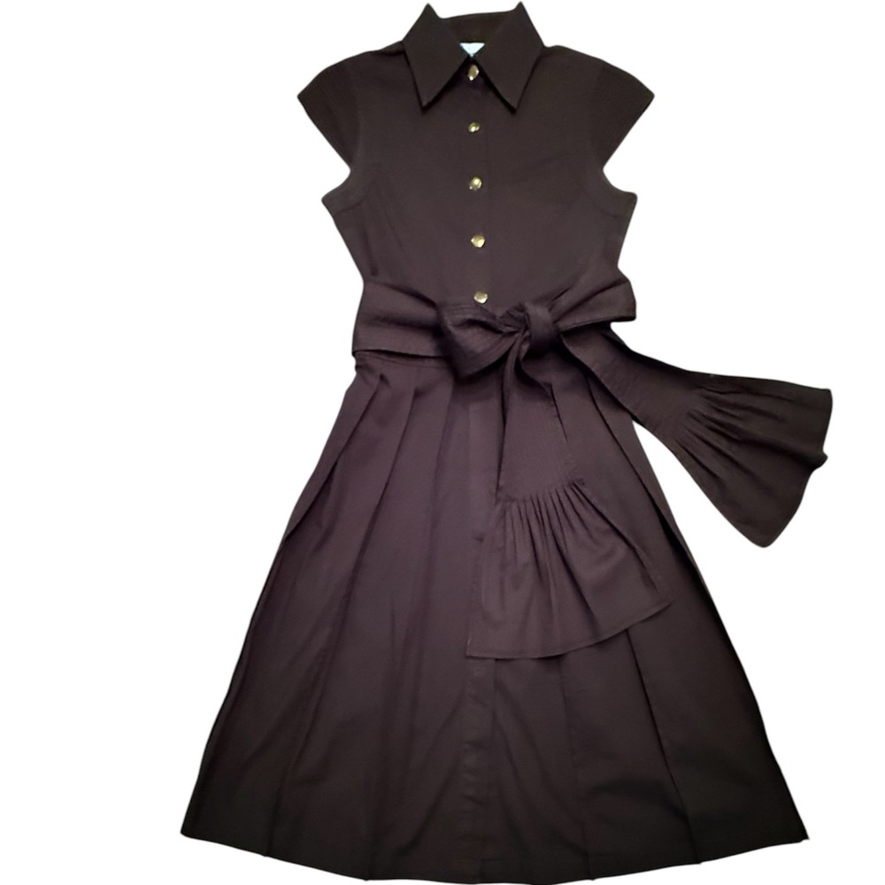 TS Dixon Y2K  Black Pleated Midi Dress w/ Cap Sleeves & Gold Buttons Size 0/XS
